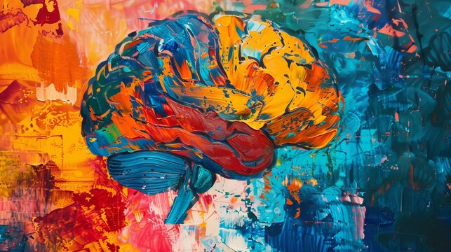 Abstract expressionist painting of a brain puzzle, using bold strokes and explosive colors to convey mental processing
