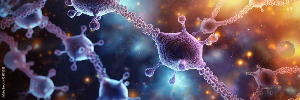 Poster Microscopic view of virus particles mutating and connecting in a chain reaction