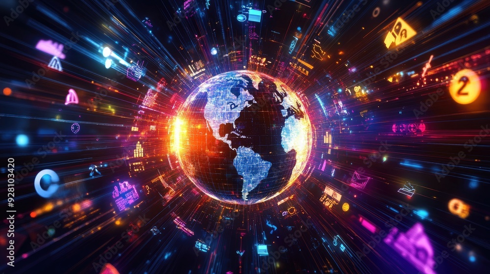 Poster business idea network visualized through a 3d globe surrounded by icons of different sectors, with v