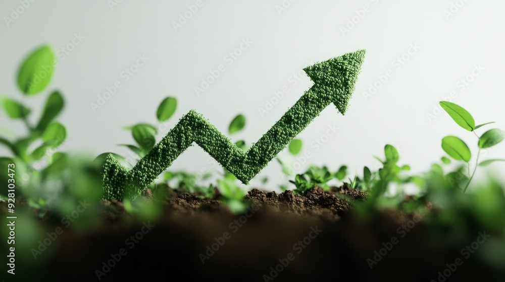 Poster 3d rendering of a green arrow growing on a lush tree and a growing bar graph.