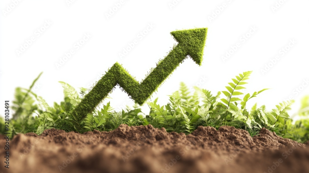Poster 3d rendering of a green arrow growing on a lush tree and a growing bar graph.