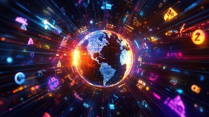 Fototapeta premium Business idea network visualized through a 3D globe surrounded by icons of different sectors, with vibrant light trails connecting them.