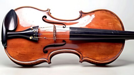 Obraz premium A highly detailed violin, with polished wood and finely crafted strings. The violin is positioned at a slight angle, showcasing the curves of the body, the fine grain of the wood, and the intricate sc