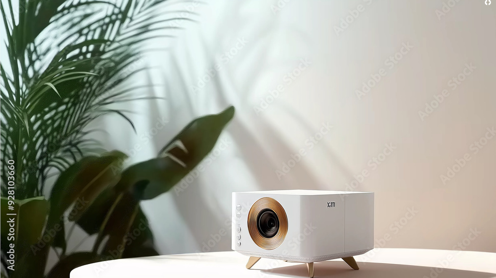 Aufkleber modern white and gold projector standing on a table with a plant in the background