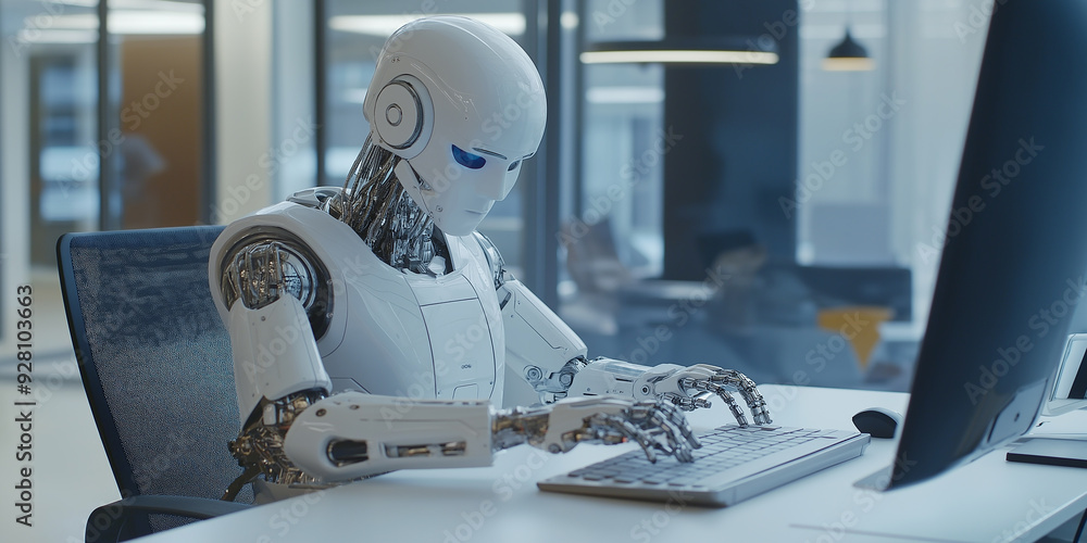 Poster Futuristic robot sitting at desk and working on computer in modern open space office