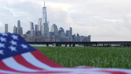 New York City waterfront skyline, Manhattan Downtown World Trade Center skyscraper. Cityscape from...