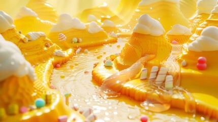 whimsical cooking themed advertisement. a winding river made entirely of honey, flowing through the landscape of honeycomb Mountain. These hills are scattered with colorful candies