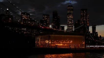 Brooklyn Bridge, New York City Manhattan downtown skyline cityscape, United States. Waterfront...
