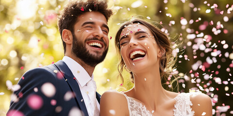 Happy newly married couple laughing with confetti falling around them