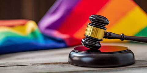 Judge gavel standing on sound block near rainbow flag symbolizing lgbtq rights