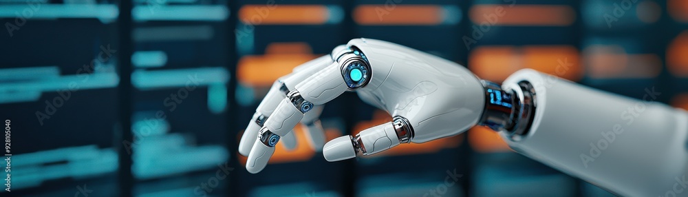 Poster a futuristic robotic hand reaching towards code on a digital screen, symbolizing innovation and tech