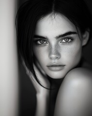 Fototapeta premium closeup woman freckles face alluring black white blur effect business products supplies battle dreamy insanely
