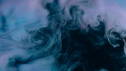 Smoke swirl. Paint water blend. Defocused blue black color dust particles texture smog wave on dark abstract art background.