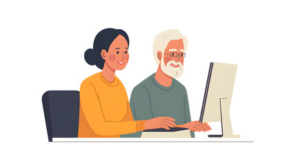 Daughter teaching father to use computer