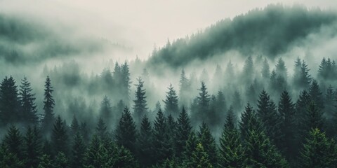 Landscape photograph dense forest trees are tall green Misty lan