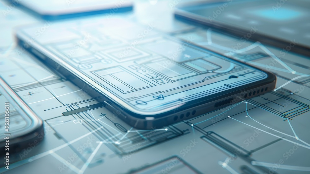 Poster a close-up view of a smartphone on a blueprint, showcasing a modern design with intricate details an