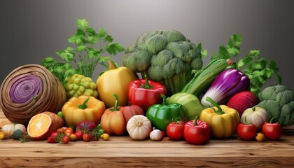 Fresh vegetables and fruits isolated on a white background, including tomatoes, peppers, onions, cucumbers, and more, showcasing a healthy and vibrant selection