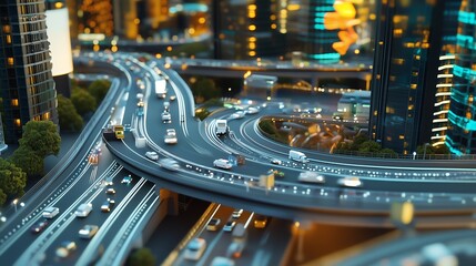Aerial view of a busy highway with cars driving through an interchange and cityscape in the background.