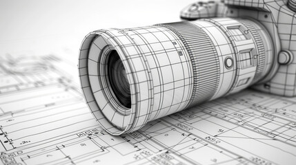 A detailed wireframe of a camera lens on a blueprint background, showcasing design precision and technical artistry.