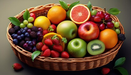 A basket filled with a variety of fresh fruits including apples, oranges, grapes, bananas, and more