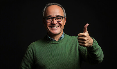 Fototapeta premium Smiling middle-aged man in green sweater and glasses showing a thumbs-up sign against a dark background. A photorealistic capture of confidence and approval.