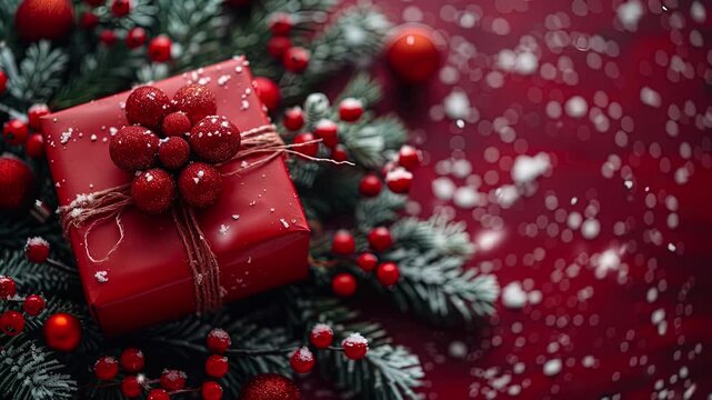 Red gift box in pine branch in snowdrop, Christmas background,  gift box for Christmas Day