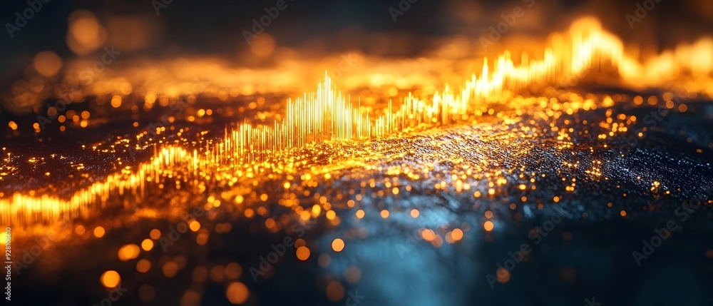 Poster surreal and dynamic golden explosion of financial data market trends and currency fluctuations repre