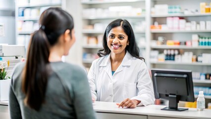 Indian Pharmacist Assisting Customer - Indian female pharmacist assisting a customer at the counter, providing medication and advice with a friendly smile.
