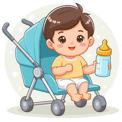 A cartoon baby holding a bottle in a stroller