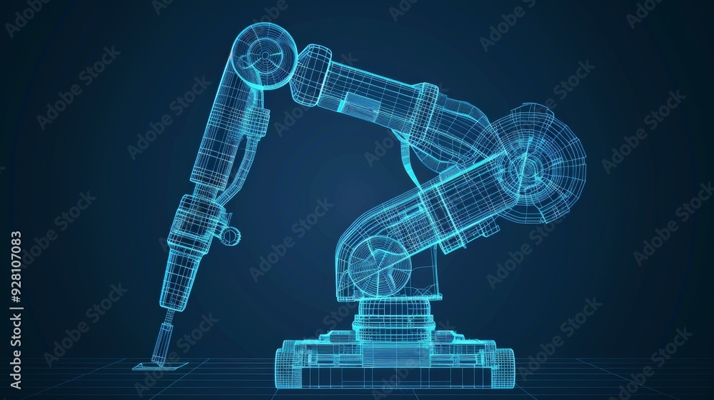 Poster a futuristic robot arm depicted in a wireframe design, symbolizing advanced technology and automatio