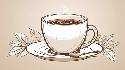 Minimalist Coffee Cup Illustration with Steam and Leaves in Warm Tones
