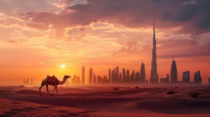 A lone camel walks through the desert sands towards a modern cityscape silhouetted against a dramatic sunset sky.