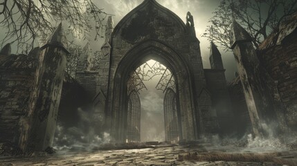 Fototapeta premium A hauntingly beautiful archway amidst a foggy, eerie landscape, perfect for horror themes and atmospheric storytelling.