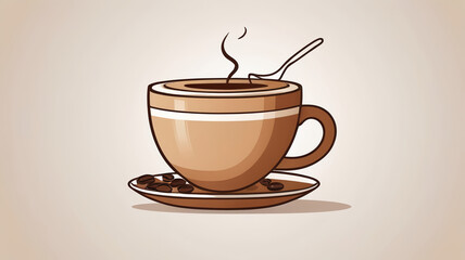 Simple Coffee Cup Illustration with Spoon and Coffee Beans in Warm Tones
