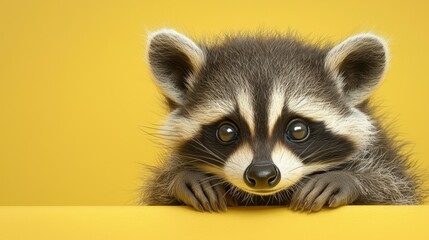 Obraz premium Adorable Baby Raccoon Against Yellow Background with Curious Expression