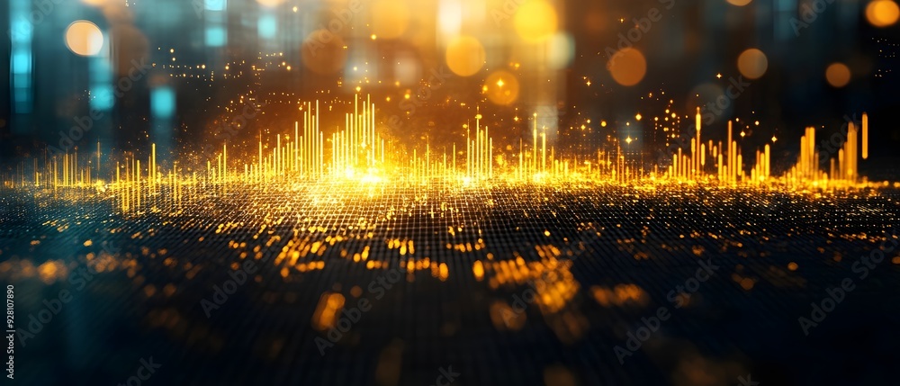 Poster futuristic digital data visualization with glowing financial charts graphs and statistics representi