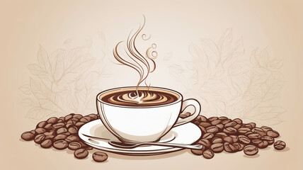 Elegant Coffee Cup with Swirling Steam and Coffee Beans Illustration in Warm Tones
