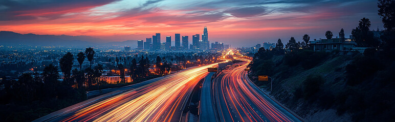 Fototapeta premium Panoramic high speed technology in big city concept, light abstract background. Speed concept. 