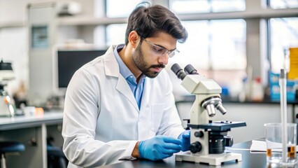 Indian Medical Research Scientist in Lab - Indian male research scientist in a laboratory setting, conducting experiments and analyzing data, highlighting dedication to medical research.

