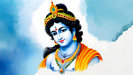 Janmashtami with lord krishna portrait and copy space, watercolor illustration style