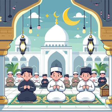 A group of men are praying in a mosque