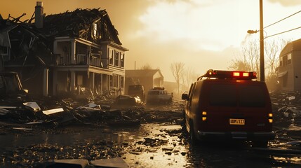 Obraz premium A red emergency vehicle drives through a debris-filled street after a natural disaster, silhouetted against the setting sun.