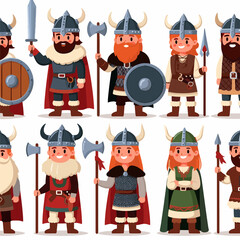 A group of cartoon Vikings are standing in a row, each with a different weapon