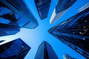 A low angle view of several skyscrapers with a clear blue sky in the background