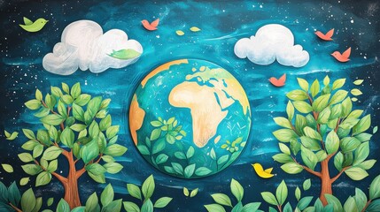 Vibrant illustration of Earth surrounded by trees, clouds, and birds, representing nature and environmental harmony.