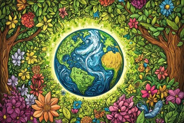 Vibrant illustration of Earth surrounded by lush flowers and trees, symbolizing nature's beauty and environmental harmony.