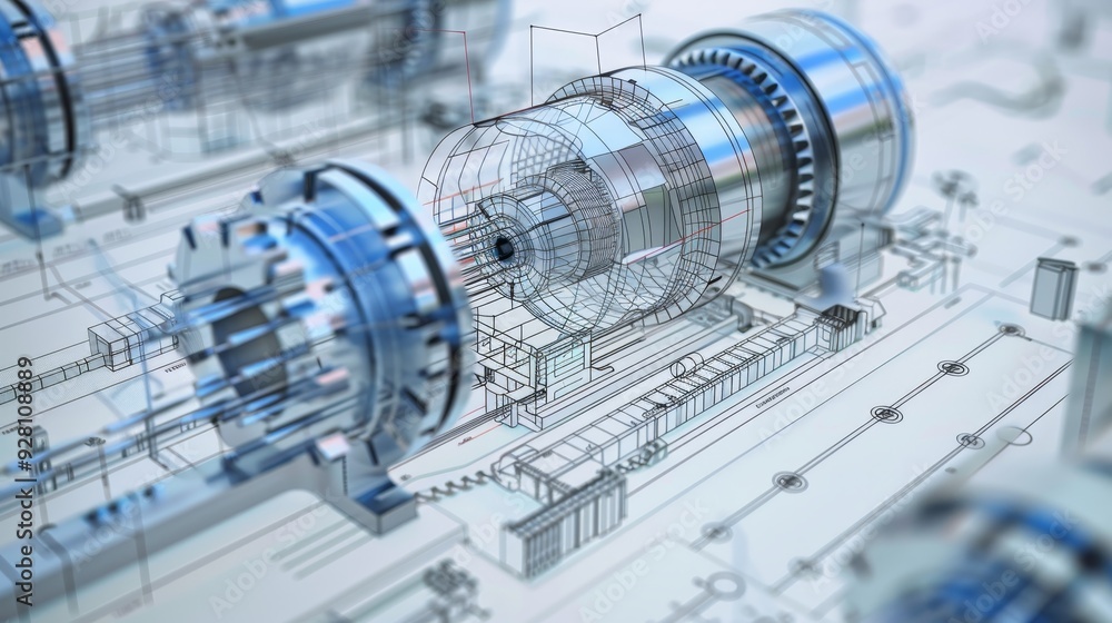 Poster detailed engineering design of a turbine generator with a transparent blueprint background showcasin