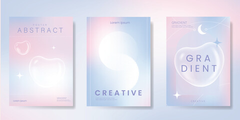 Abstract pastel gradient background vector set. Minimalist style cover template with heart, moon, sparkle. Modern wallpaper design perfect for poster, flyer, social media, card, prints.