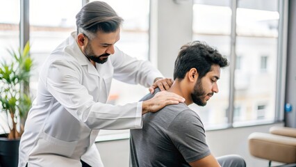 Obraz premium Indian Chiropractor with Patient - Indian male chiropractor performing an adjustment or consultation with a patient, showing care in spinal health. 