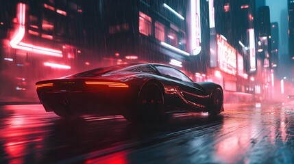 A sports car speeding by neon-lit futuristic buildings with a cool 80s cyberpunk look.